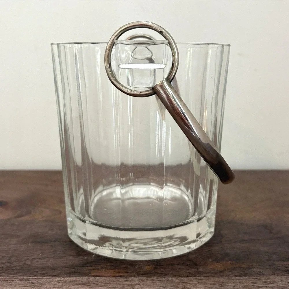 Vintage Clear Paneled Glass Ice‎ Bucket with Silver Tone Metal Swing Handle